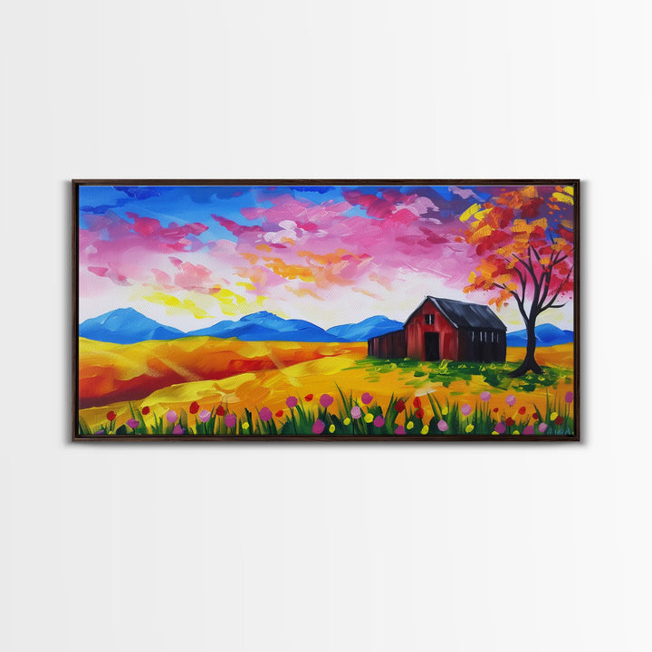 Bright Barn in Floral Field, Framed Canvas Print, Perfect for Living Room Art, Vibrant Home Decor, Colorful Bedroom Wall Art