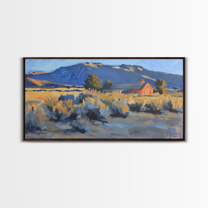 Rustic Cabin in Open Field, Framed Canvas Print, Ideal for Living Room Art, Country Style Home Decor, Cozy Bedroom Wall Art
