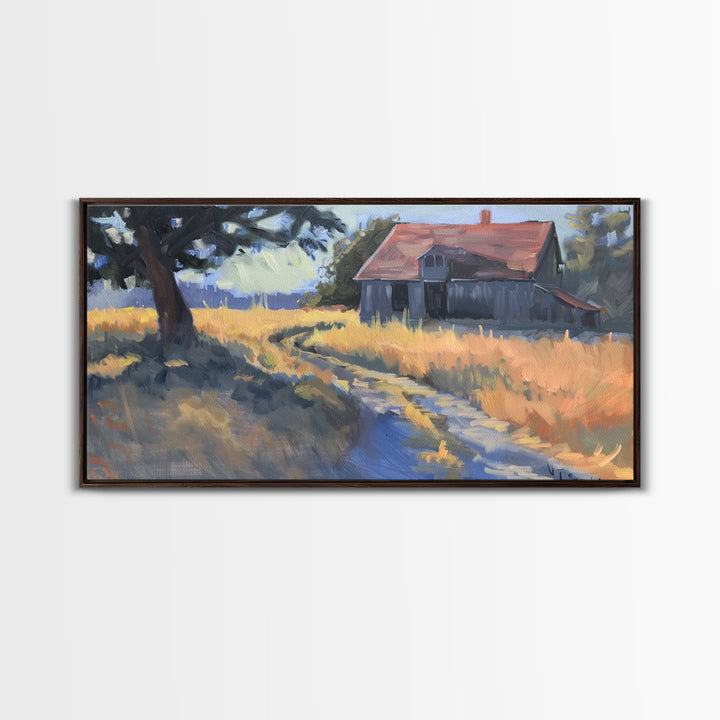Quaint House on Country Road, Framed Canvas Print, Perfect for Living Room Art, Rustic Home Decor, Serene Bedroom Wall Art