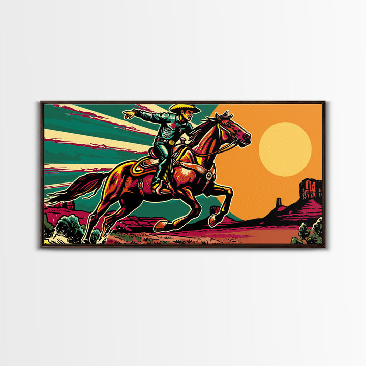 Vintage Cowboy Riding Horse, Western Sunset Wall Art, Framed Canvas Print, Rustic Decor, Cowboy Art, Country Living Room