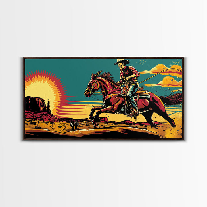 Cowboy Riding Through Desert, Southwestern Landscape Art, Framed Canvas Print, Boho Decor, Desert Art, Rustic Wall Art