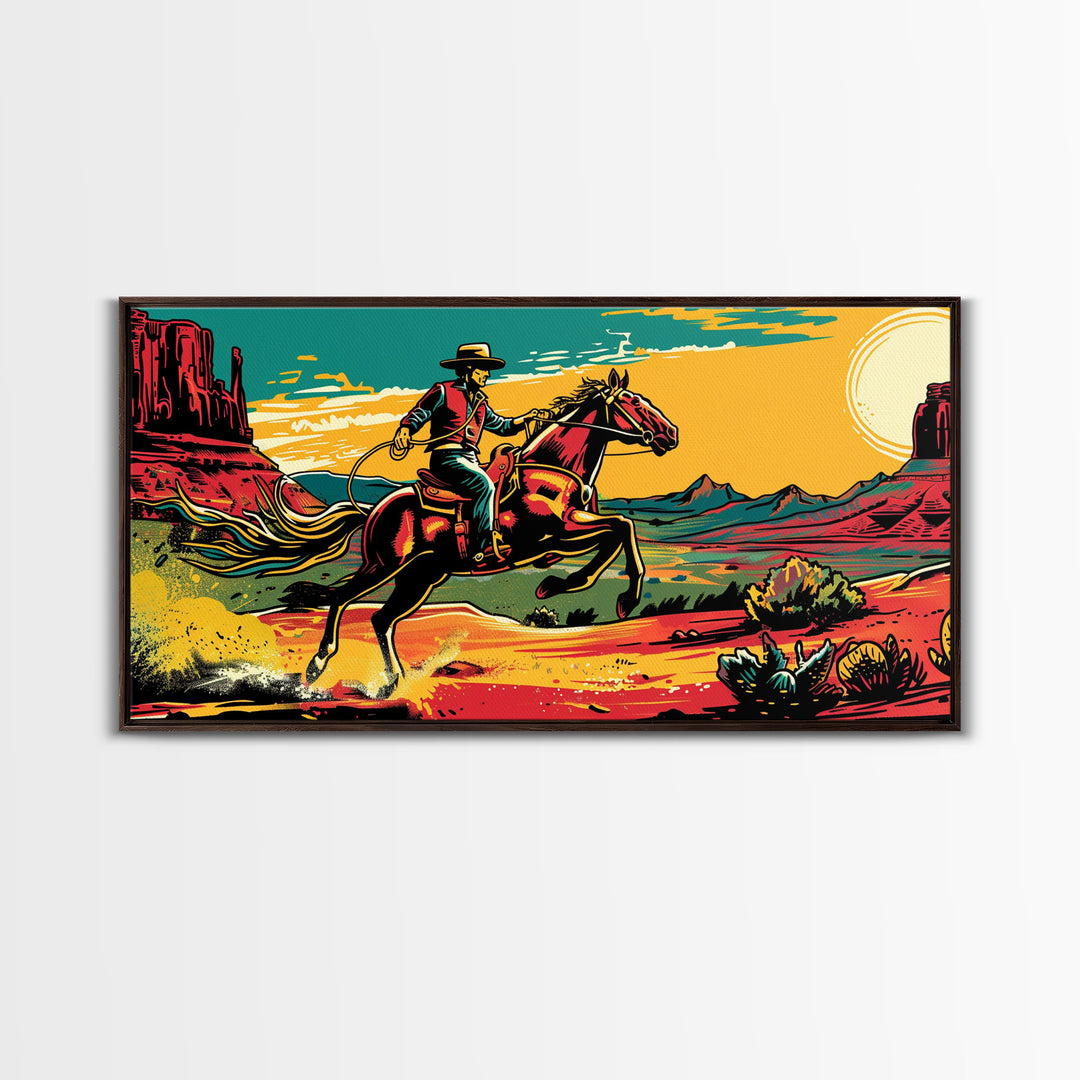 Cowboy Galloping in Desert, Vibrant Sunset Western Art, Framed Canvas Print, Farmhouse Decor, Colorful Wall Art, Cowboy Theme