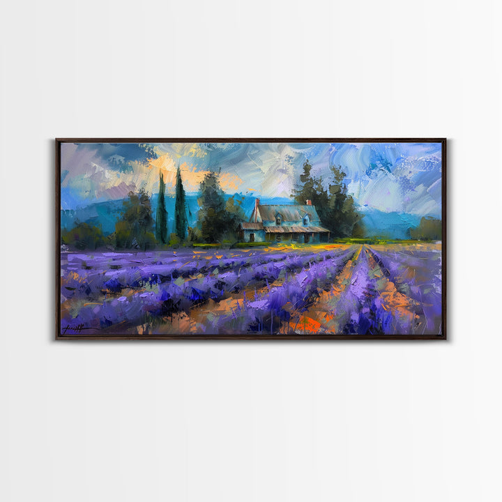 Lavender Field with Cottage, Impressionist Style, Framed Canvas Print, Farmhouse Decor, Cottagecore Art, Pastel Wall Art