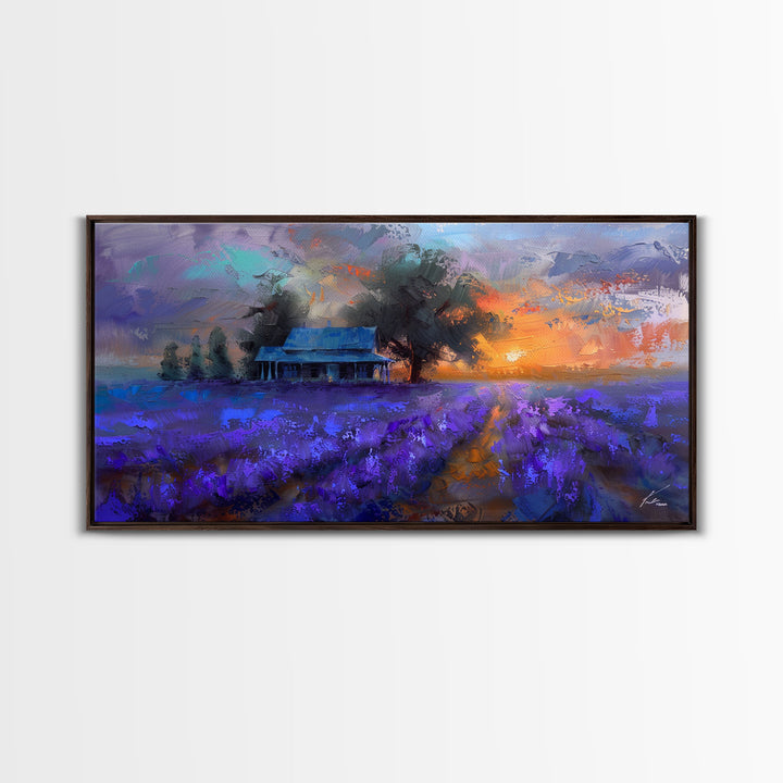 Lavender Field at Dusk, Moody Landscape Art, Framed Canvas Print, Boho Decor, Lavender Art, Rustic Bedroom Decor