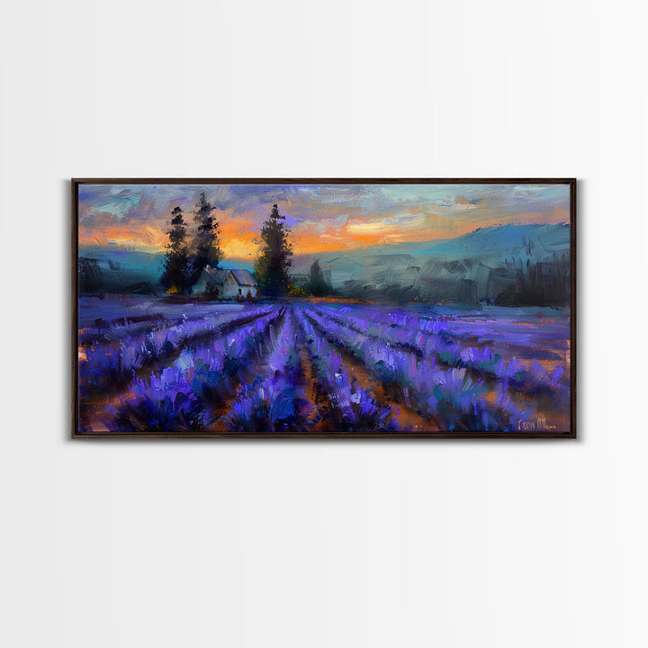 Lavender Field with Cottage, Warm Sunset Colors, Framed Canvas Print, Rustic Decor, Country Wall Art, Farmhouse Vibes
