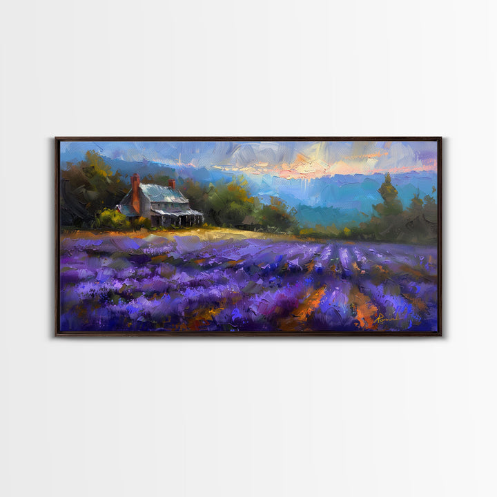 Lavender Field at Twilight, Dreamy Landscape Art, Framed Canvas Print, Boho Bedroom Decor, Purple Art, Rustic Wall Art