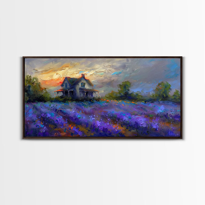Country Cottage in Lavender Field, Impressionist Style, Framed Canvas Print, Farmhouse Decor, Cozy Art, Rustic Living Room