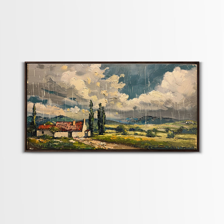 Rainy Day Over Cottage, Textured Landscape Art, Framed Canvas Print, Boho Decor, Farmhouse Style, Moody Wall Art