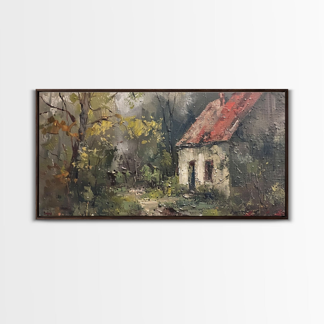 Rustic Cottage in Autumn Forest, Framed Canvas Print, Farmhouse Style, Living Room Art, Bedroom Decor, Nature Wall Art