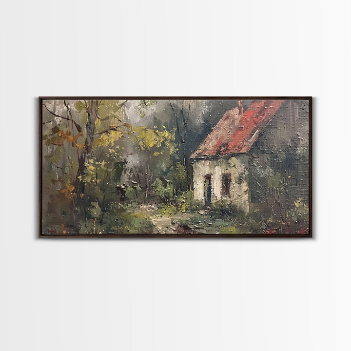 Rustic Cottage in Autumn Forest, Framed Canvas Print, Farmhouse Style, Living Room Art, Bedroom Decor, Nature Wall Art