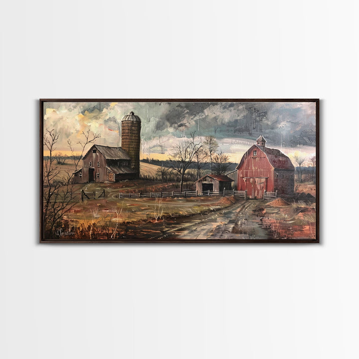 Vintage Farm Scene with Silos, Framed Canvas Print, Rustic Wall Art, Living Room Decor, Farmhouse Style, Country Home Art