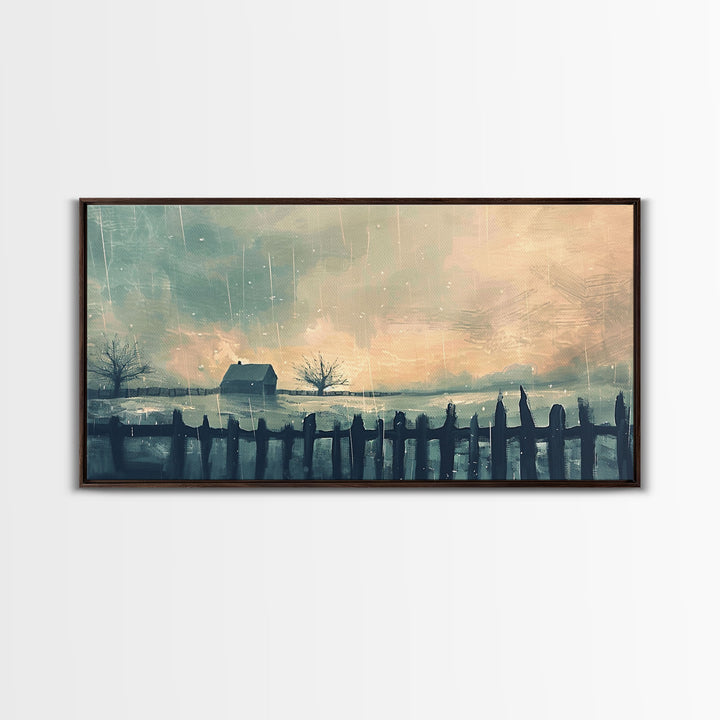 Winter Farmhouse in Snowy Landscape, Framed Canvas Print, Minimalist Wall Art, Living Room Art, Bedroom Decor, Winter Scene
