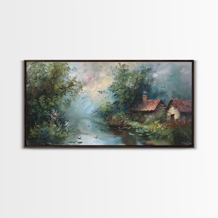 Serene River Cottage with Flowers, Framed Canvas Print, Farmhouse Style, Living Room Decor, Bedroom Art, Nature Scene