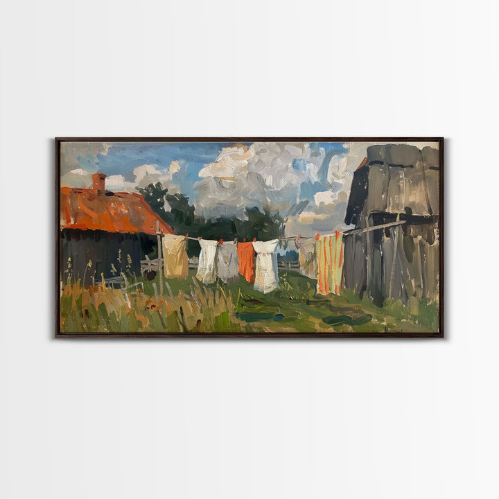 Clothesline with Rustic Farmhouse, Framed Canvas Print, Farmhouse Style, Living Room Art, Country Decor, Vintage Scene