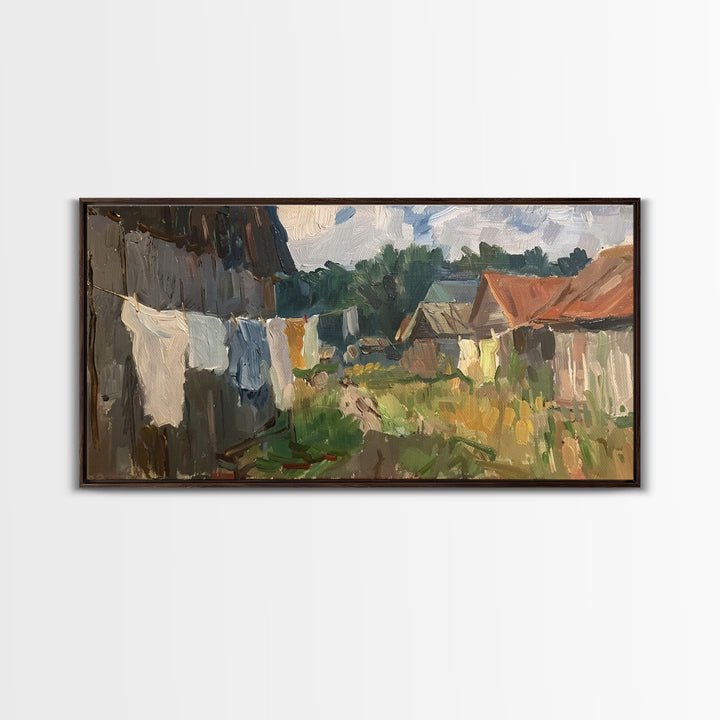 Rustic Farmyard with Laundry, Framed Canvas Print, Farmhouse Wall Art, Living Room Decor, Country Style, Outdoor Scene