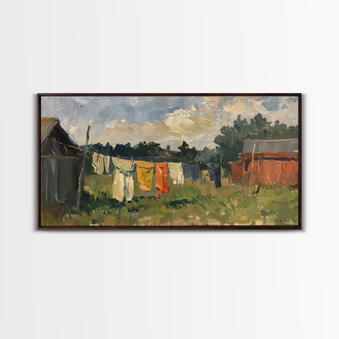 Sunny Day on the Farm with Clothesline, Framed Canvas Print, Rustic Wall Art, Living Room Decor, Farmhouse Style, Country Scene