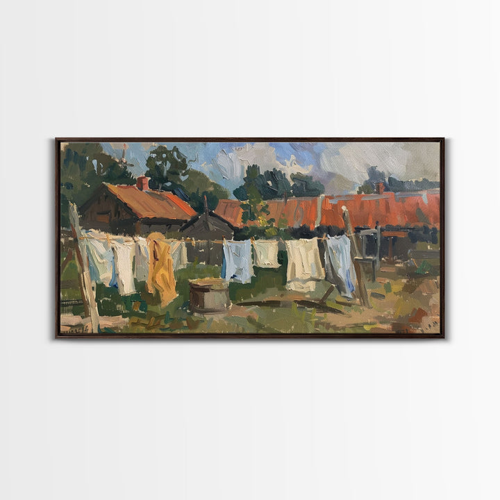 Rustic Homestead with Clothesline, Framed Canvas Print, Farmhouse Style, Living Room Art, Country Decor, Vintage Scene
