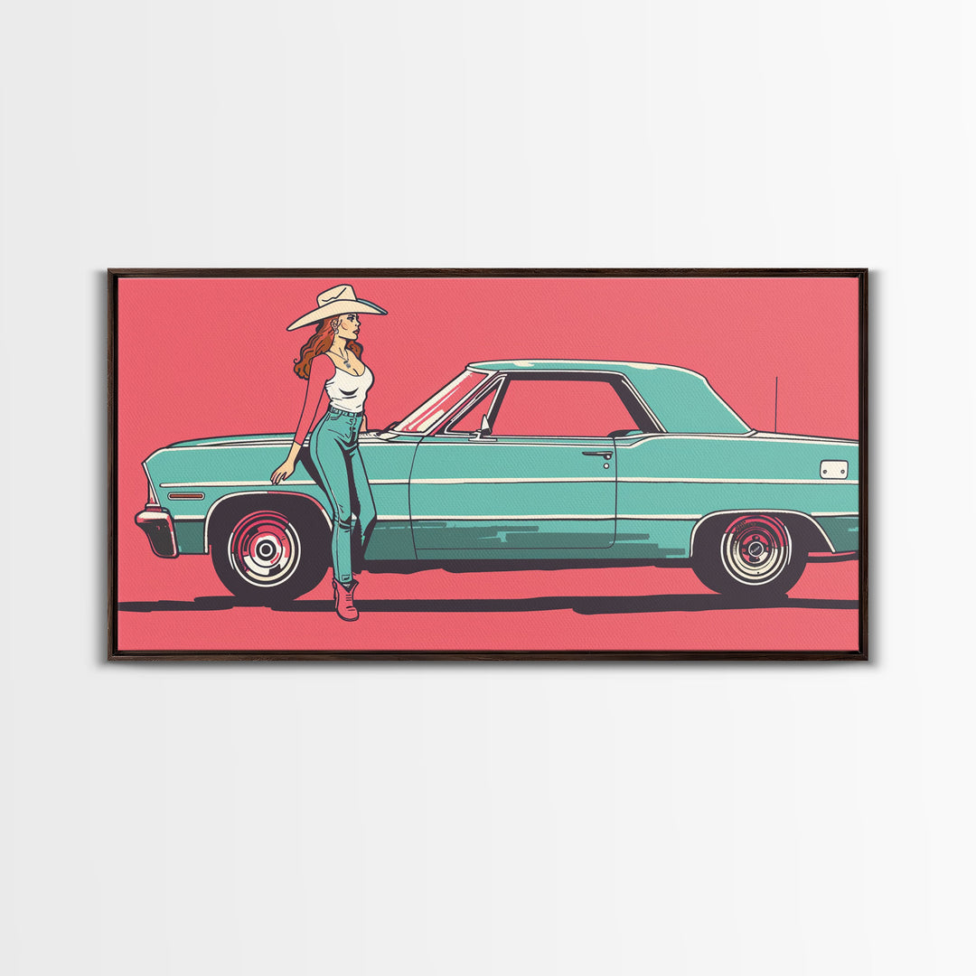 Cowgirl Leaning Against Classic Car in Pop Art Style, Vibrant Framed Canvas Print for Bedroom, Perfect Living Room Wall Art
