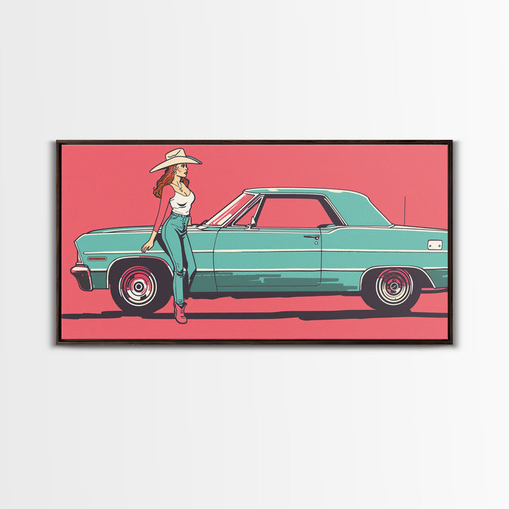 Cowgirl Leaning Against Classic Car in Pop Art Style, Vibrant Framed Canvas Print for Bedroom, Perfect Living Room Wall Art