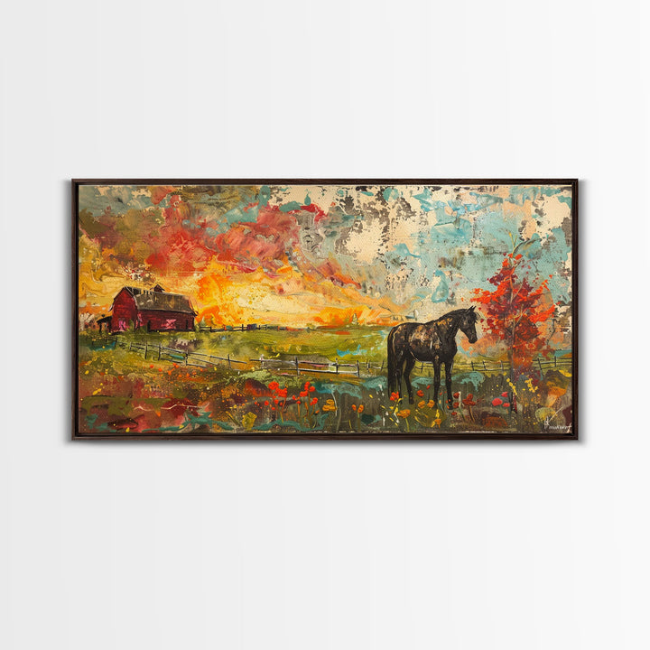 Horse and Red Barn in Colorful Field, Beautiful Farmhouse Art, Framed Canvas Print, Rustic Living Room Decor, Vibrant Wall Art
