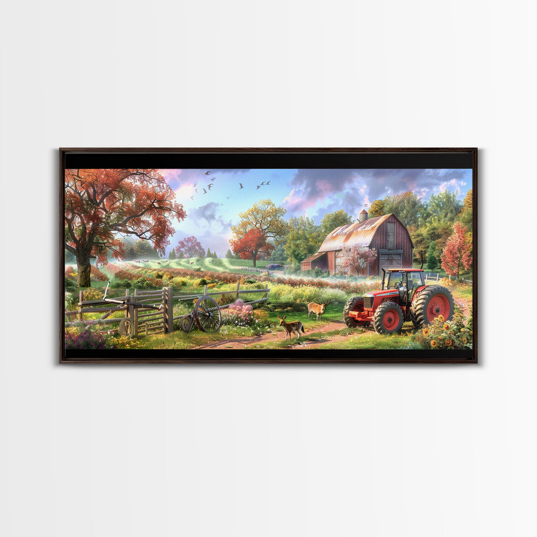 Tranquil Farm Scene with Red Barn and Tractor, Idyllic Rural Art, Framed Canvas Print, Country Wall Decor, Living Room Decoration