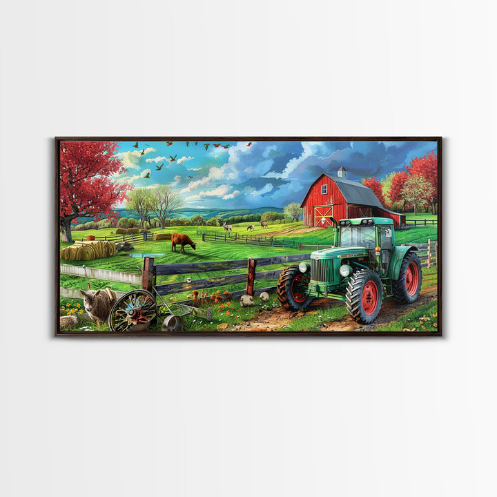 Green Tractor and Red Barn in Lush Fields, Perfect Farmhouse Art, Framed Canvas Print, Rural Wall Decor, Living Room Decoration