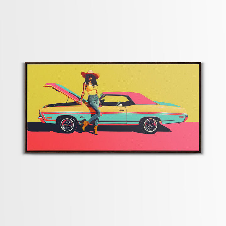 Colorful Pop Art Cowgirl with Classic Car, Framed Canvas Print for Living Room, Bright Bedroom Wall Art, Unique Home Decor