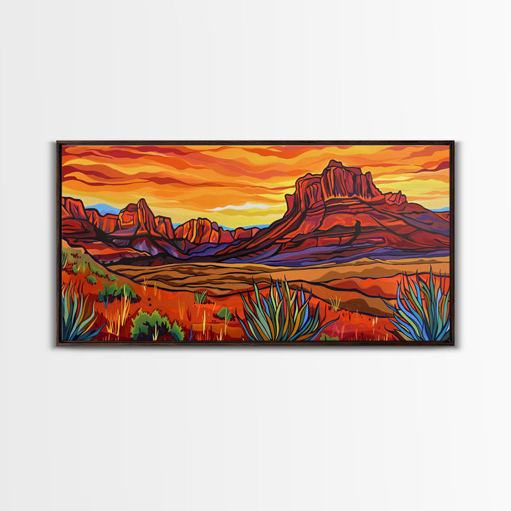 Colorful Desert Sunset with Saguaro Cacti, Framed Canvas Print for Living Room Art, Ideal for Southwestern and Boho Decor