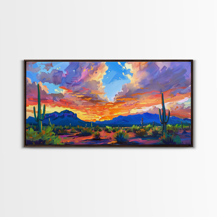 Stunning Desert Sunset with Cacti Silhouettes, Framed Canvas Print for Bedroom Art, Great for Boho and Southwestern Decor