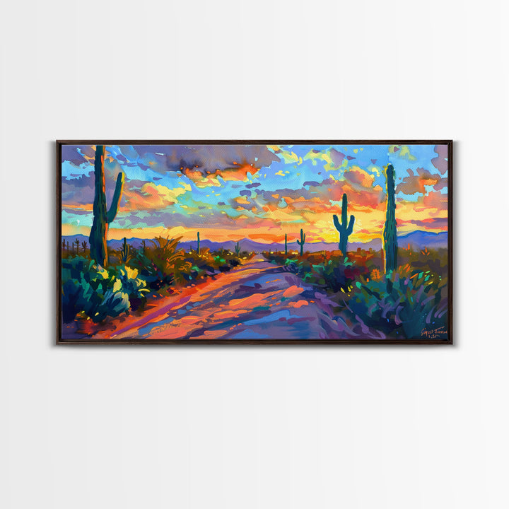 Majestic Desert Sunset Over Mountains, Framed Canvas Print for Bedroom Art, Ideal for Southwestern and Boho Decor