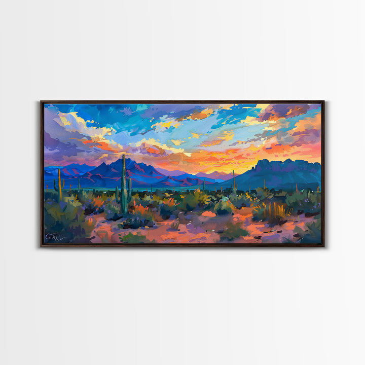 Monument Valley Sunset with Tall Cacti, Framed Canvas Print for Living Room Art, Perfect for Boho and Southwestern Decor