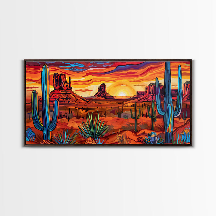 Colorful Desert Evening with Cacti and Mountains, Framed Canvas Print for Bedroom Art, Great for Boho and Southwestern Decor
