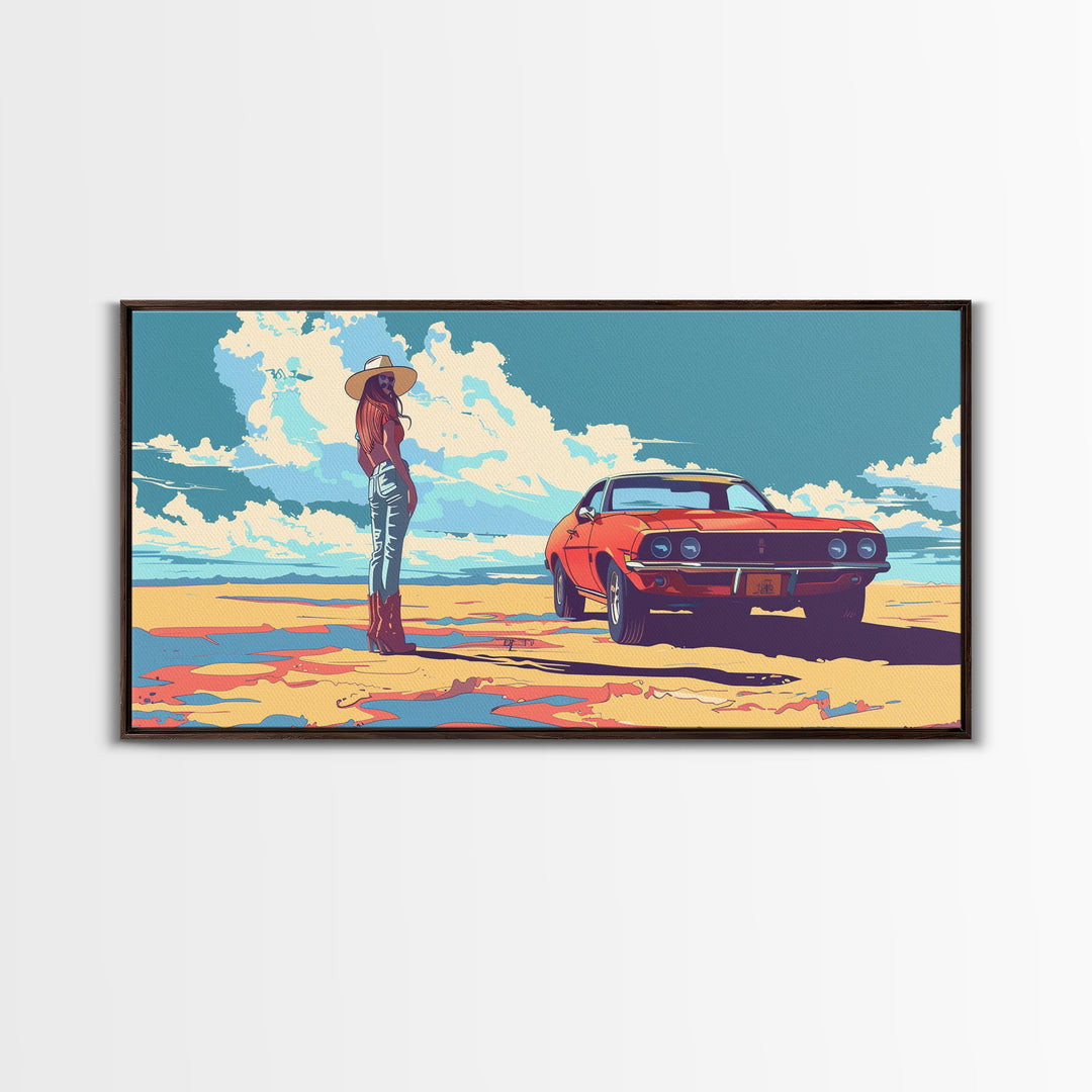 Stylized Cowgirl with Red Car in Vast Desert, Framed Canvas Print for Bedroom, Ideal Living Room Art, Retro Wall Decor