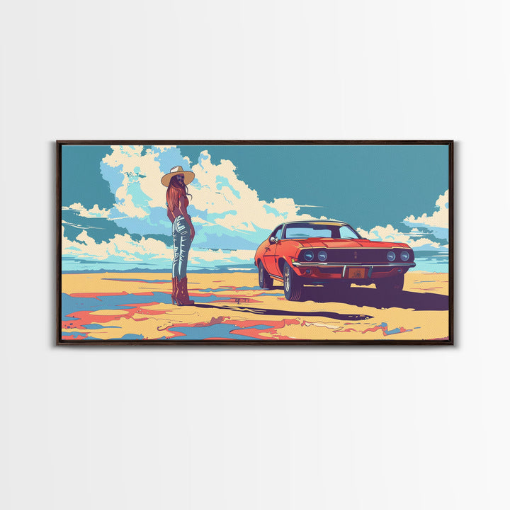 Stylized Cowgirl with Red Car in Vast Desert, Framed Canvas Print for Bedroom, Ideal Living Room Art, Retro Wall Decor