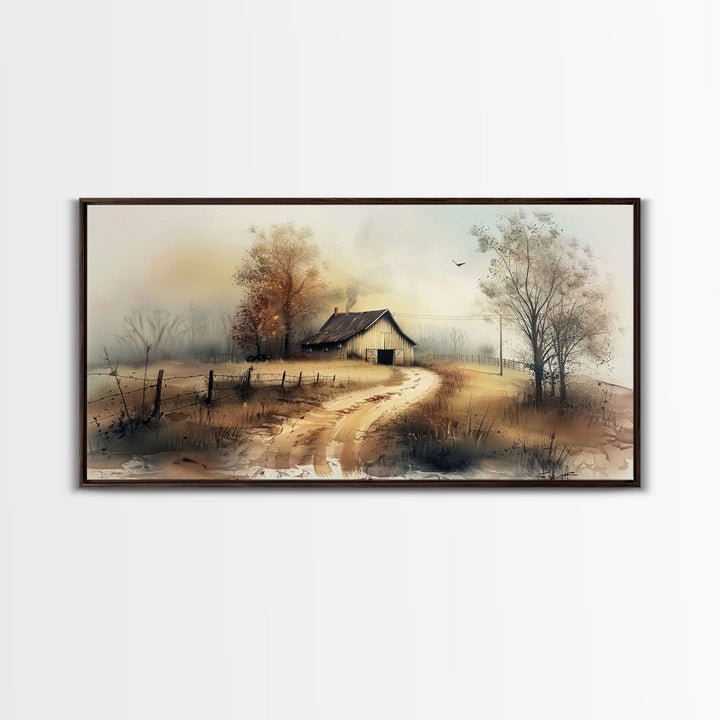 Misty Morning Farmhouse with Winding Path, Beautiful Framed Canvas Print for Bedroom, Boho Wall Art, Countryside Decor