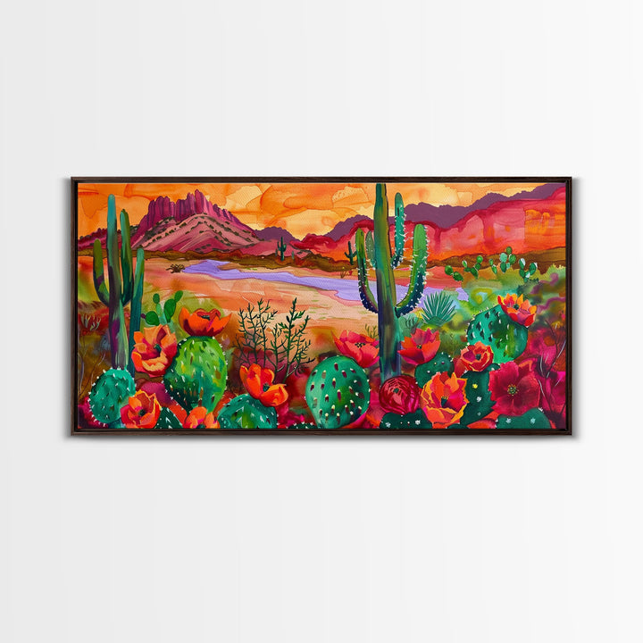 Majestic Cacti and Mountains at Sunset, Captivating Framed Canvas Print for Bedroom, Southwestern Style Wall Art, Nature Scene