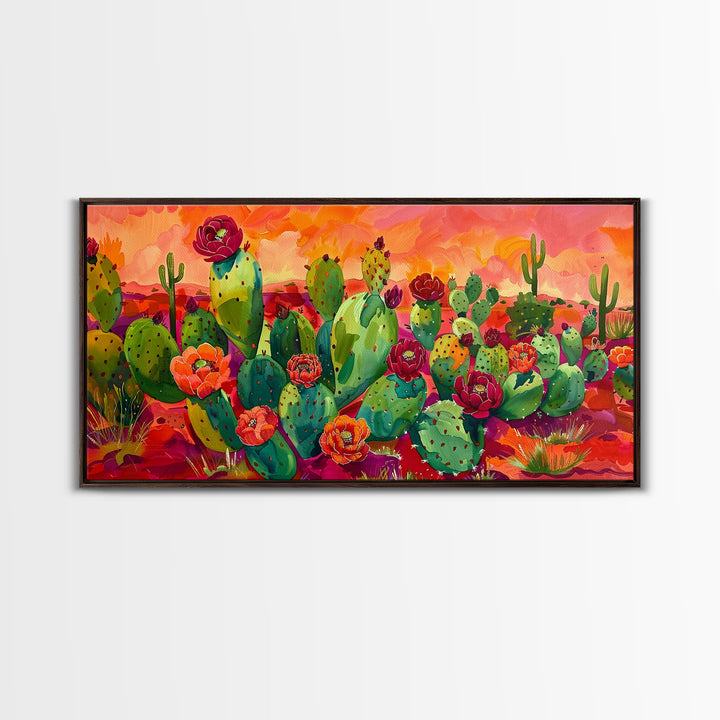 Bright Desert Flowers and Cacti with Mountains, Vibrant Framed Canvas Print for Home, Boho Wall Art, Nature Lover's Decor