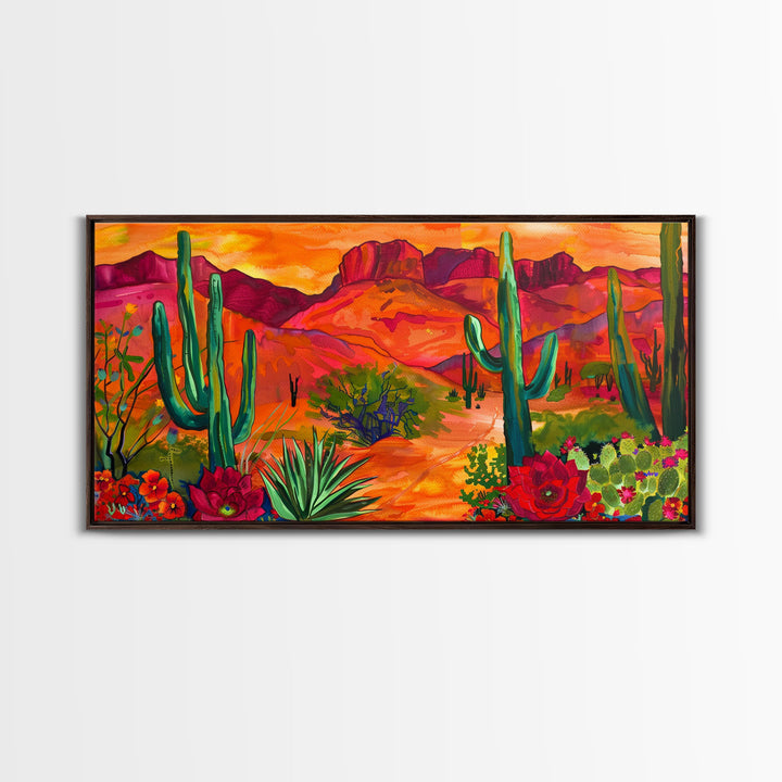 Colorful Desert Landscape with Cacti and Mountains, Stunning Framed Canvas Print for Living Room, Boho Wall Art, Nature Decor