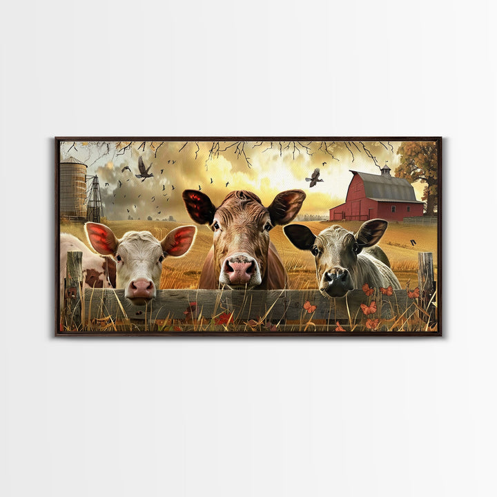 Cute cows peeking through barn fence, Framed Canvas Print, ideal for farmhouse living room, country style wall art decor
