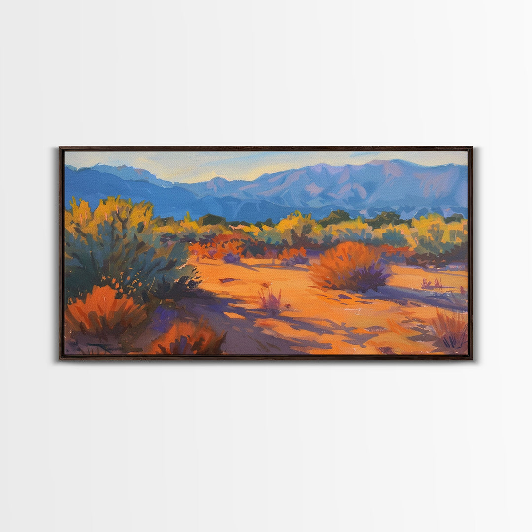 Serene desert landscape with vibrant colors, Framed Canvas Print, perfect for boho living room, southwestern wall art decor