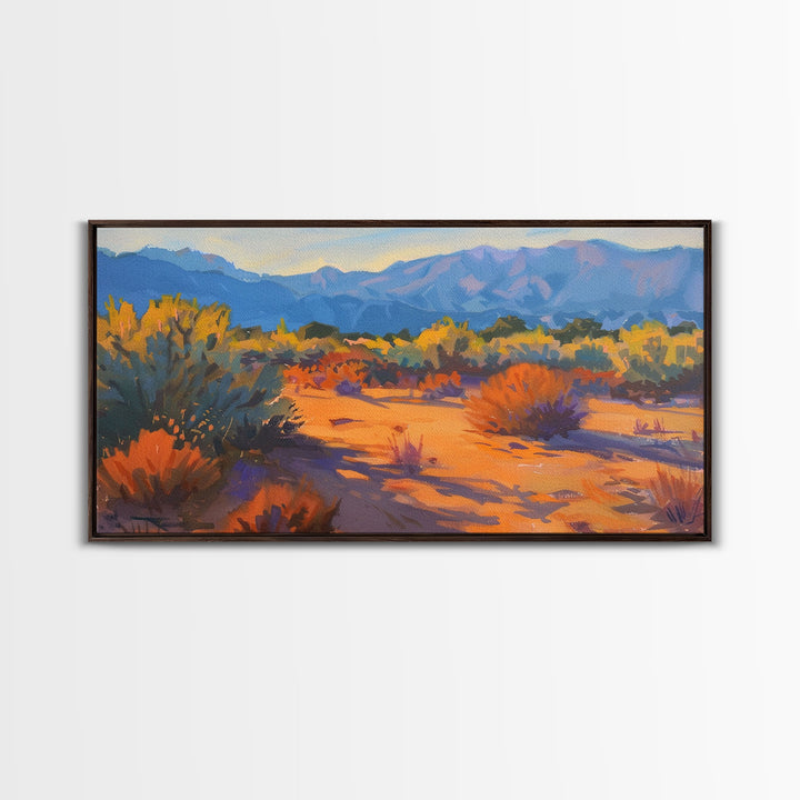 Serene desert landscape with vibrant colors, Framed Canvas Print, perfect for boho living room, southwestern wall art decor