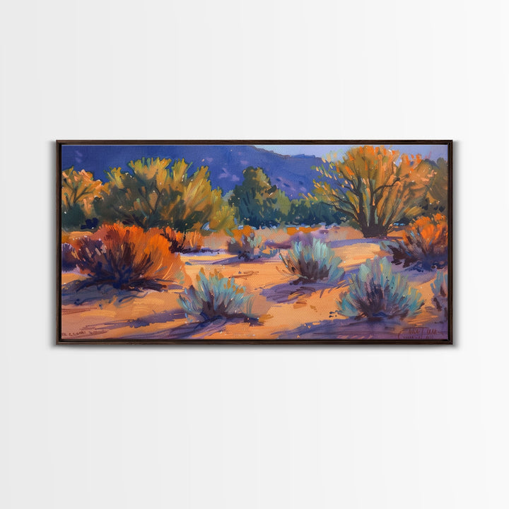 Colorful desert scene with distant mountains, Framed Canvas Print, ideal for minimalist living room, boho wall art decor