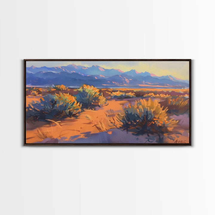 Desert brush and vibrant colors at sunset, Framed Canvas Print, perfect for southwestern living room, bohemian wall decor art
