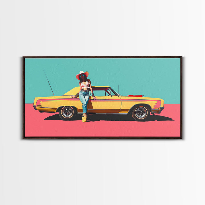 Bold Cowgirl Posing with Yellow Car, Pop Art Framed Canvas Print for Living Room, Ideal Bedroom Wall Art, Unique Home Decor