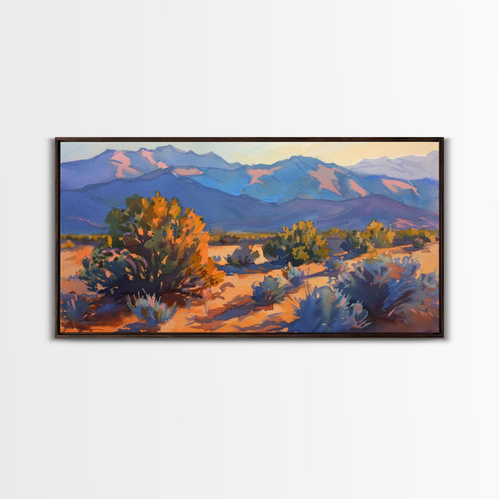 Serene Desert Landscape with Mountains, Beautiful Living Room Art, Framed Canvas Print, Farmhouse Style, Rustic Wall Decor