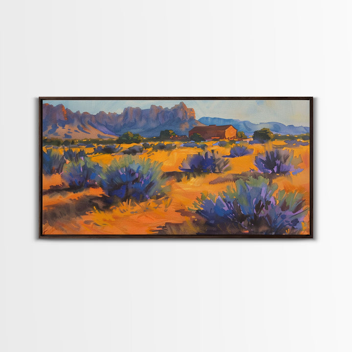 Rustic Barn in Desert Scene, Stunning Wall Art for Bedroom, Framed Canvas Print, Boho Style, Minimalist Home Decoration