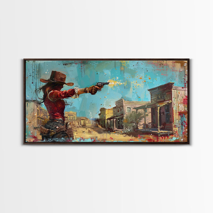 Framed Canvas Print Featuring Western Woman Shooting Revolver in Colorful Town, Ideal for Living Room Wall Art, Bedroom Decor