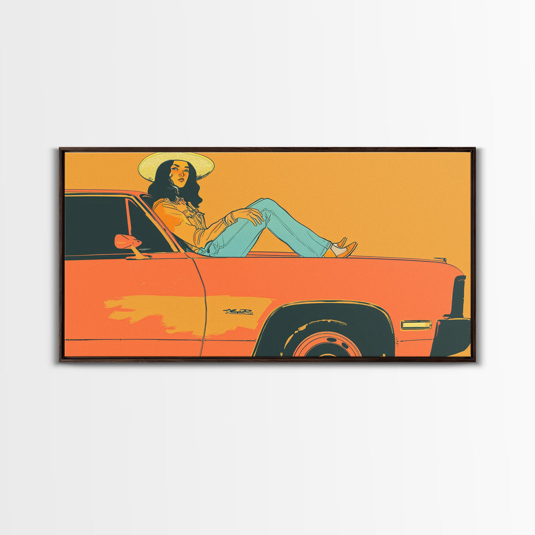 Relaxed Cowgirl Sitting on Car Hood, Retro Framed Canvas Print for Bedroom, Perfect Living Room Art, Vintage Wall Decor