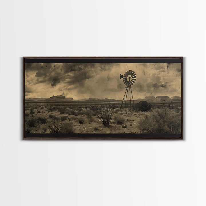 Rustic Windmill in Desert Landscape, Framed Canvas Print for Western Style Living Room, Perfect Bedroom Wall Art, Vintage Decor