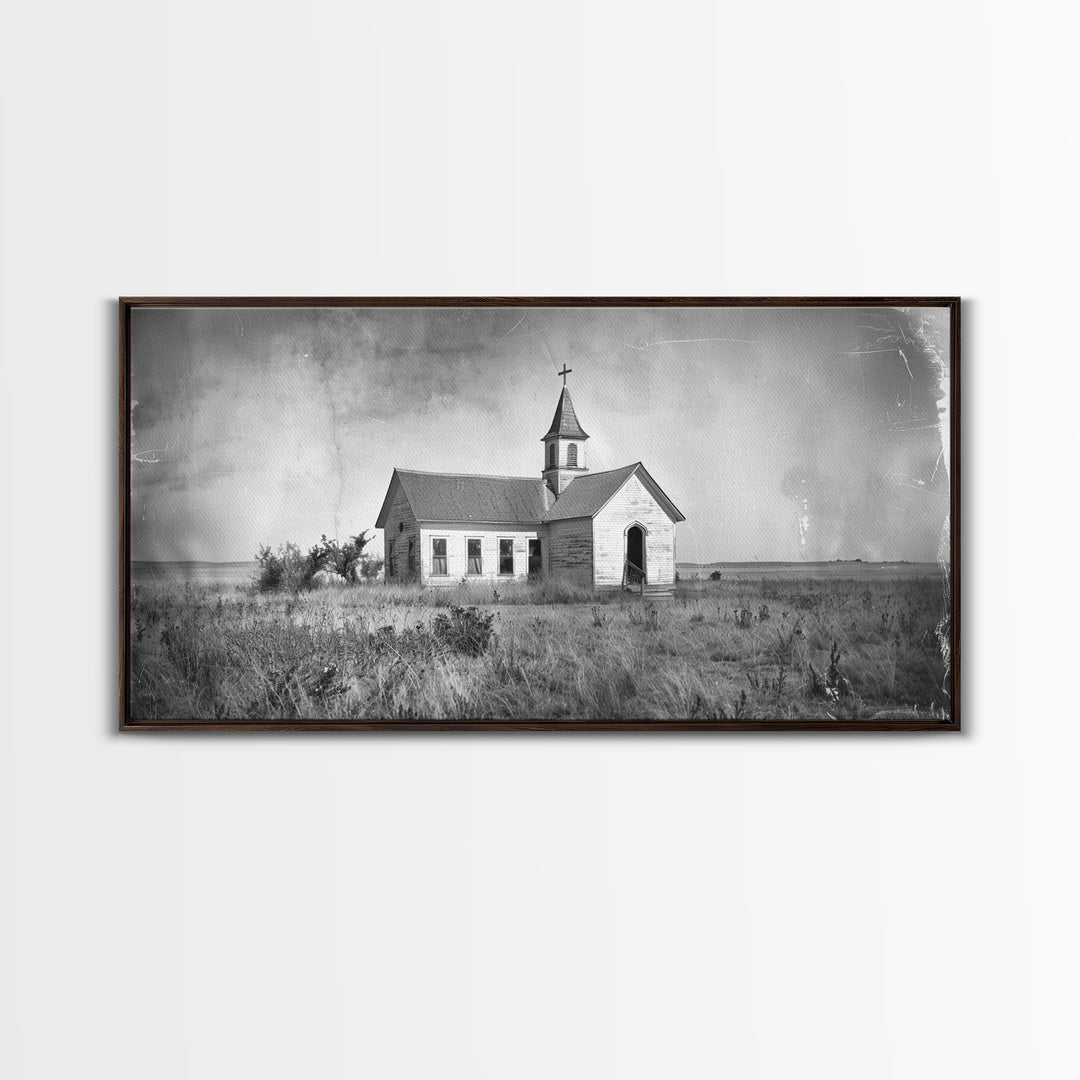 Vintage Country Church in Open Field, Framed Canvas Print for Living Room Decor, Perfect Bedroom Art, Rustic Western Wall Art